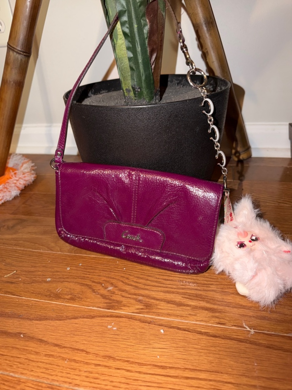 Coach Plum Purple Leather Wristlet with Charm Chain & baby three charm